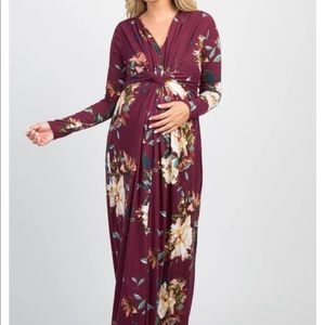 Burgundy Floral Front Twist Long Sleeve Maternity Maxi Dress